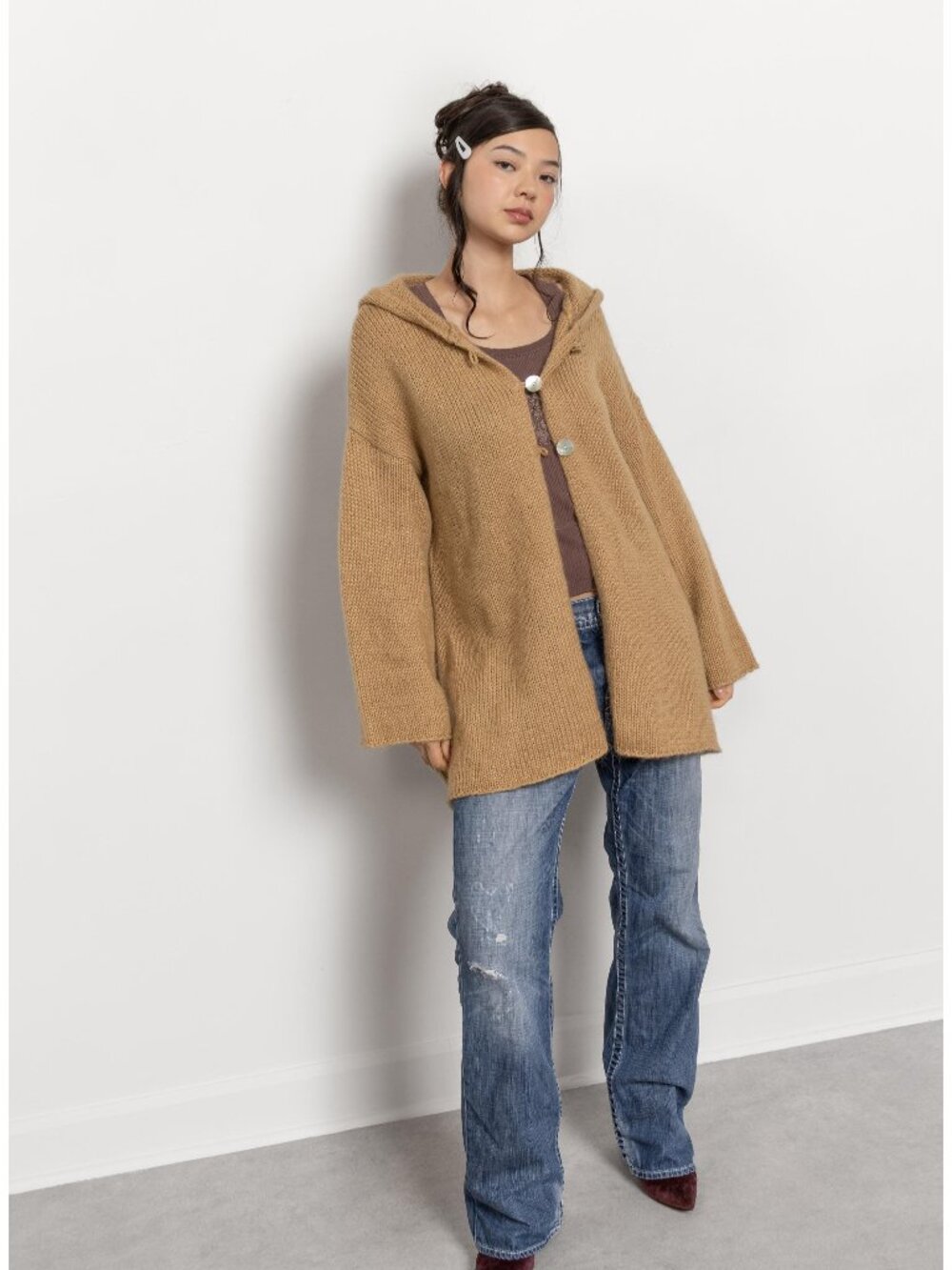 WOOL Hooded CARDIGAN Vintage Soft Knit Sweater Oversize / Large